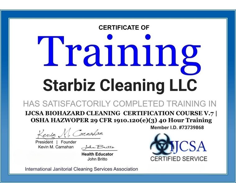 IJCSA Biohazard Cleaning & OSHA HAZWOPER 40-hour training certificate