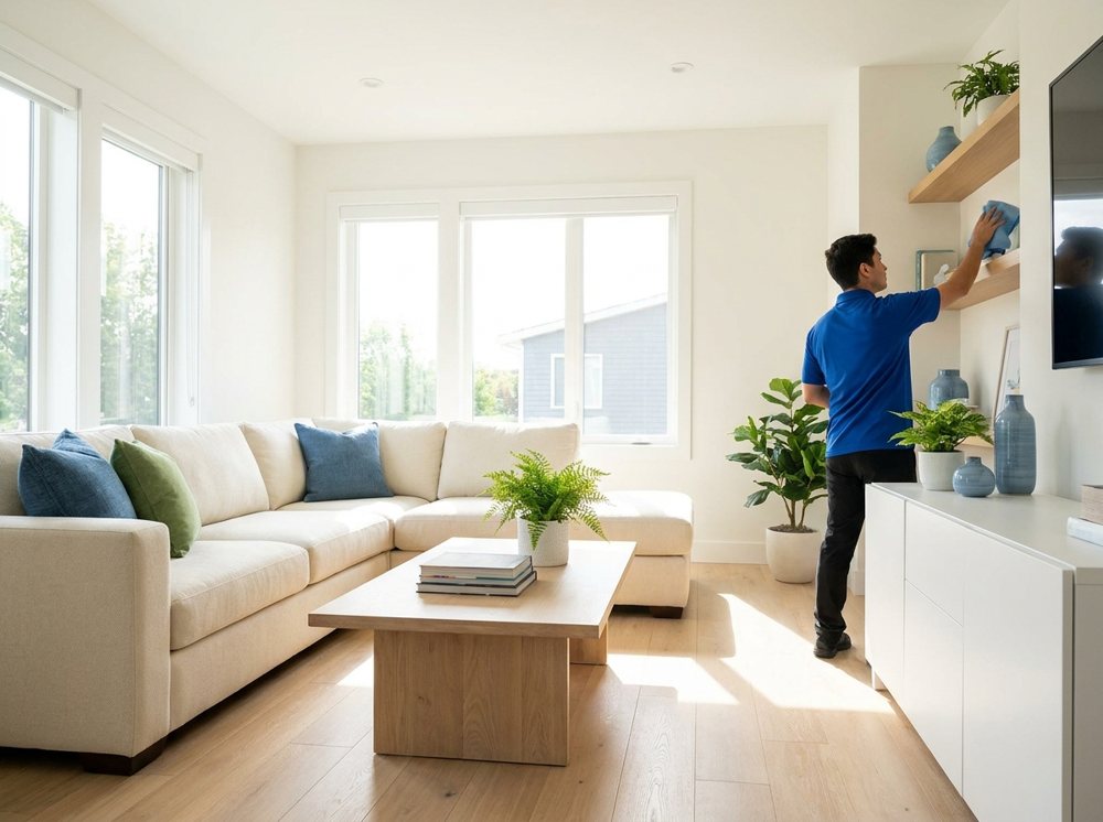 Professional house cleaning in a bright living room