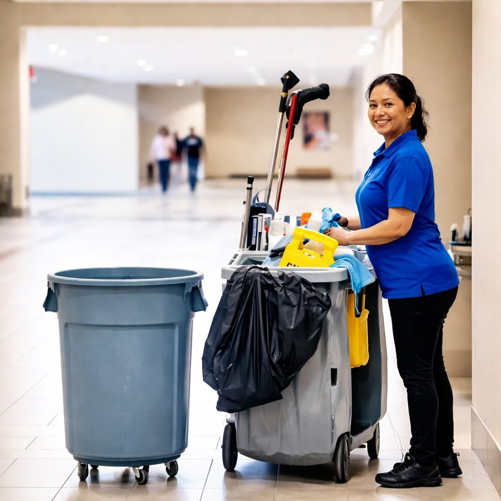Starbiz cleaner with a janitorial cart in a commercial lobby